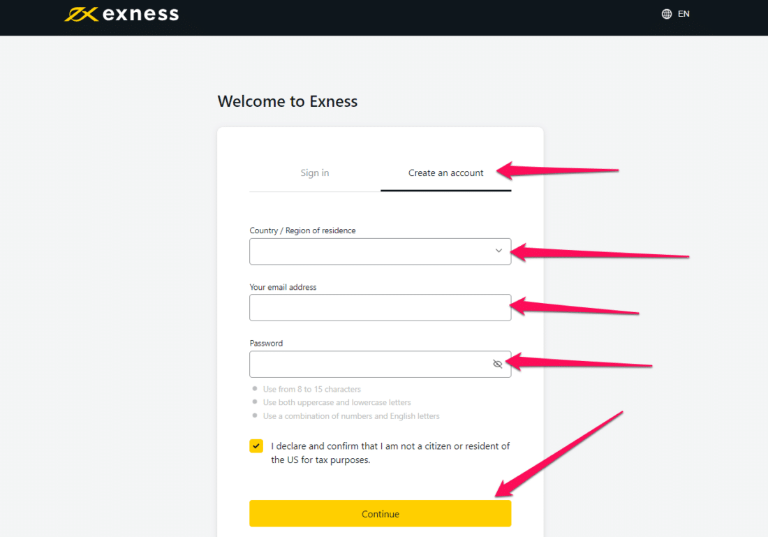 Exness Signing up details