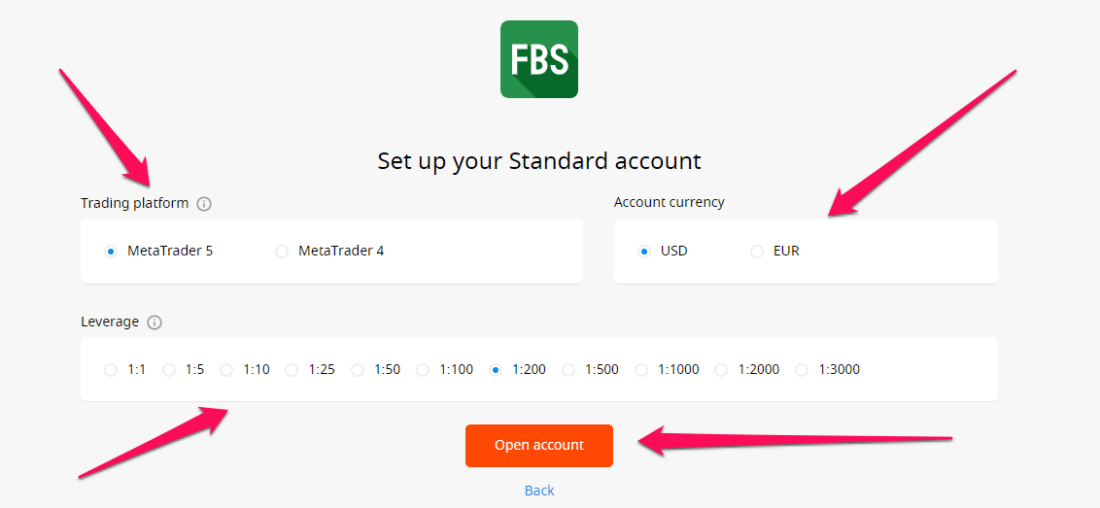 FBS Account options selection